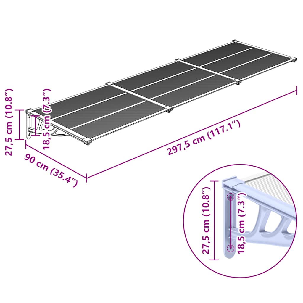 vidaXL Copertină de ușă, gri și transparent, 297,5x90 cm, policarbonat vidaXL Copertină de ușă, gri și transparent, 297,5x90 cm, policarbonat