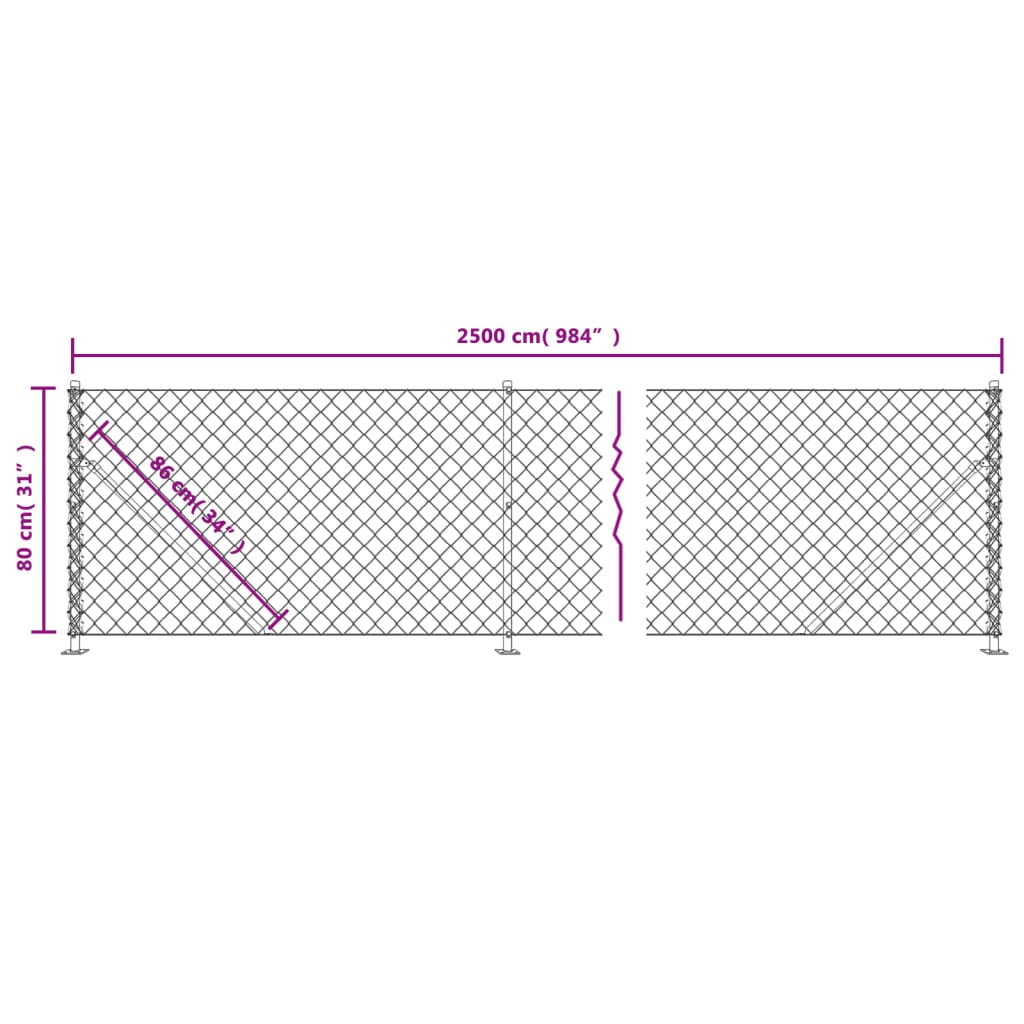 vidaXL Gard plasă de sârmă cu bordură, argintiu, 0,8x25 m