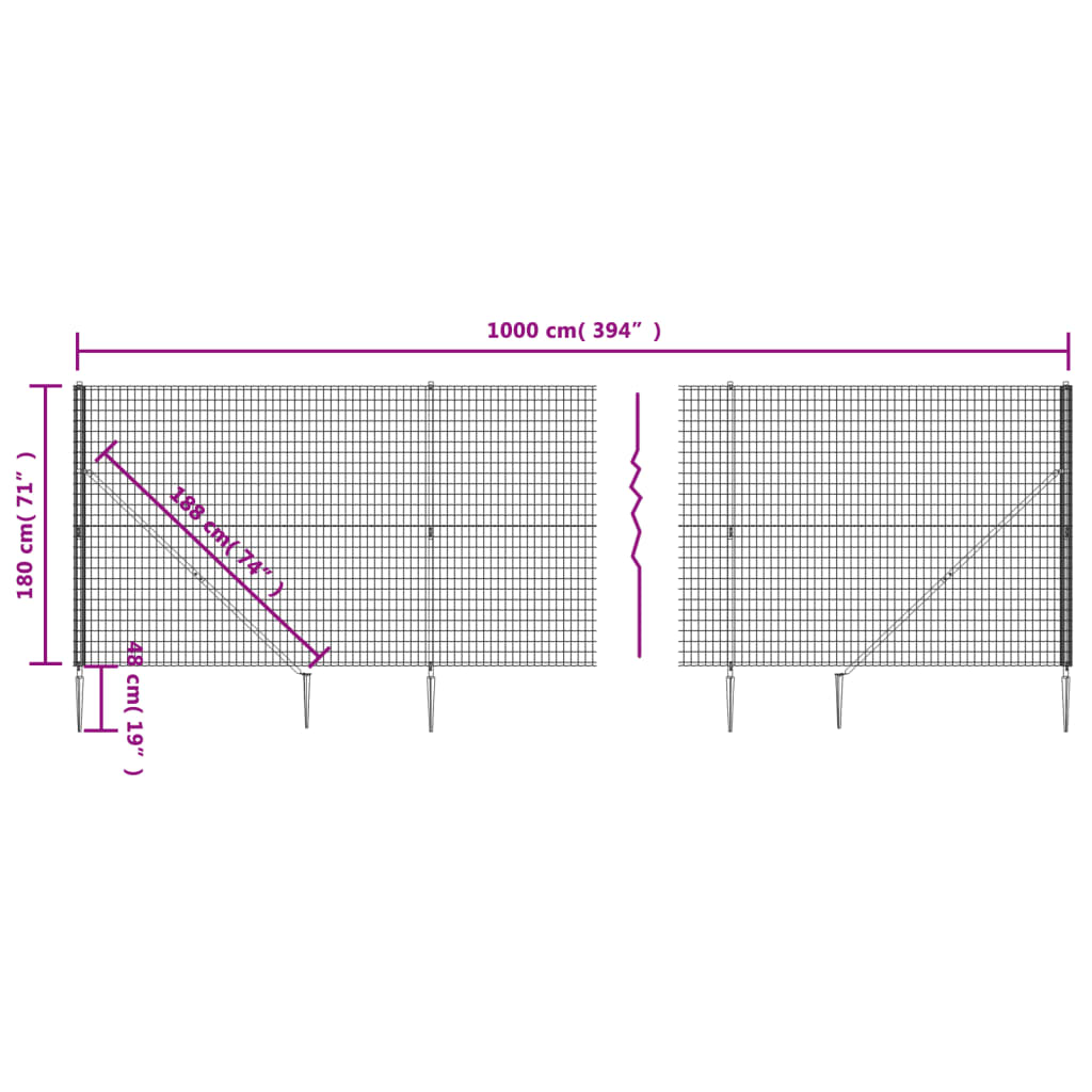 vidaXL Gard plasă de sârmă cu țăruși de fixare, antracit, 1,8x10 m vidaXL Gard plasă de sârmă cu țăruși de fixare, antracit, 1,8x10 m