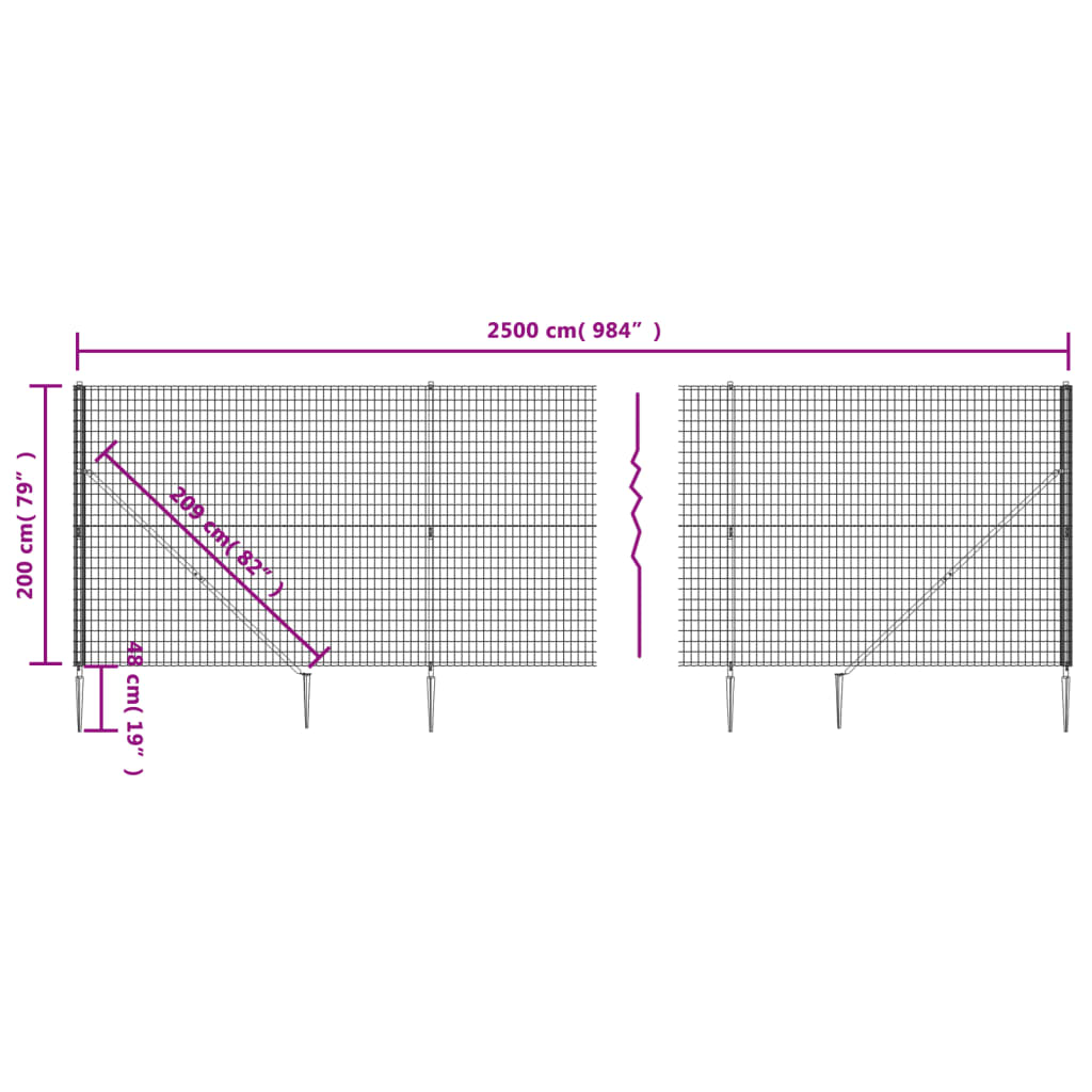 vidaXL Gard plasă de sârmă cu țăruși de fixare, antracit, 2x25 m vidaXL Gard plasă de sârmă cu țăruși de fixare, antracit, 2x25 m