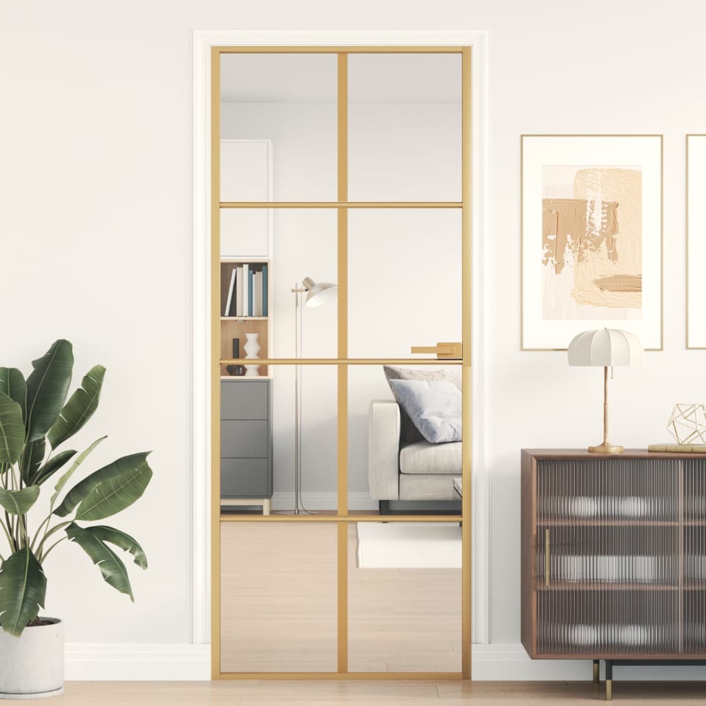 vidaXL Ușă de interior Slim auriu 83x201,5cm sticlă temperată/aluminiu vidaXL Ușă de interior Slim auriu 83x201,5cm sticlă temperată/aluminiu