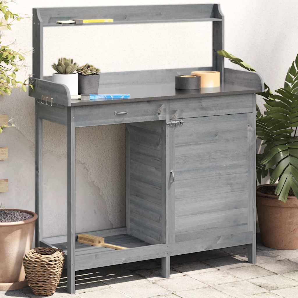 vidaXL Masă plantare cu dulap, gri, 110,5x45x124,5 cm lemn masiv brad vidaXL Masă plantare cu dulap, gri, 110,5x45x124,5 cm lemn masiv brad