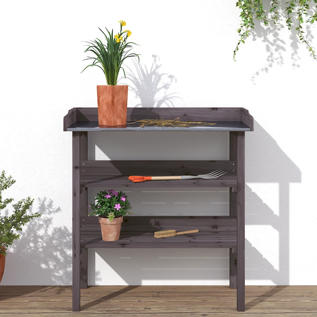 vidaXL Masă de plante cu raft, gri, 78x38x82,5 cm, lemn masiv de brad vidaXL Masă de plante cu raft, gri, 78x38x82,5 cm, lemn masiv de brad