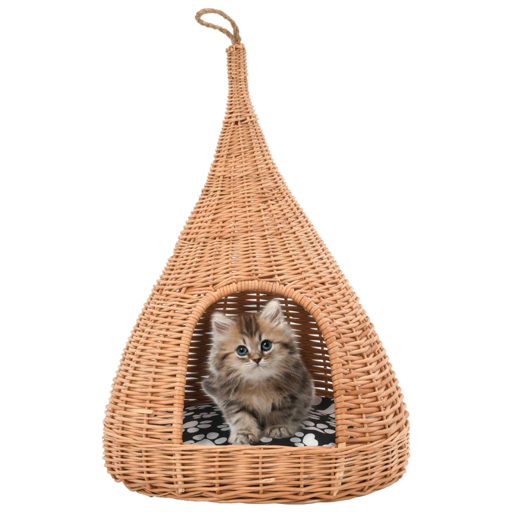 vidaXL Casă pentru pisici cu pernă, 40x60 cm, salcie naturală, teepee vidaXL Casă pentru pisici cu pernă, 40x60 cm, salcie naturală, teepee