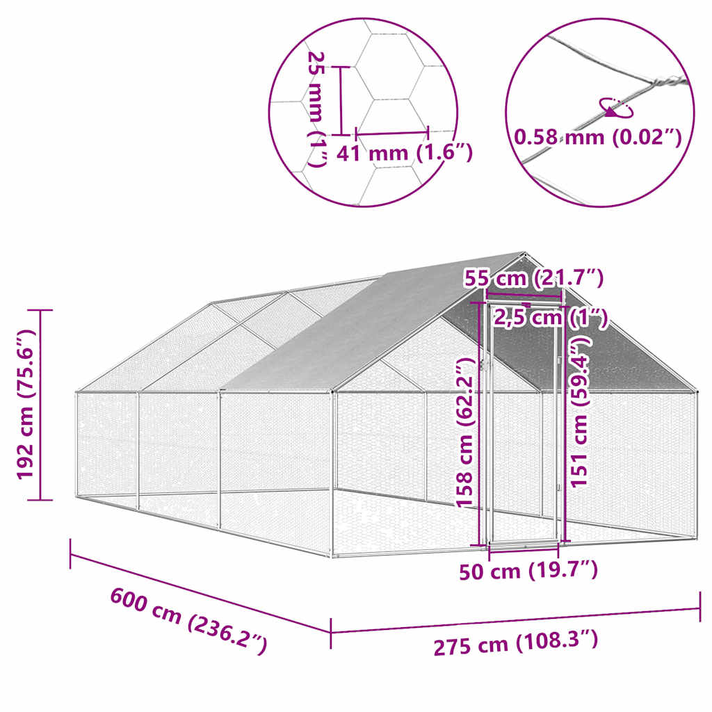vidaXL Coteț de păsări pentru exterior, 2,75x6x1,92 m, oțel galvanizat vidaXL Coteț de păsări pentru exterior, 2,75x6x1,92 m, oțel galvanizat