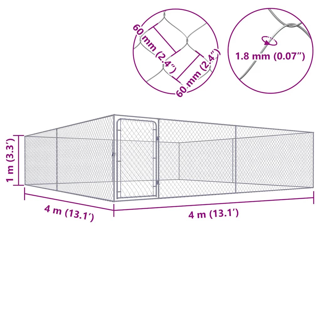 vidaXL Padoc pentru câini de exterior, 4 x 4 x 1 m, oțel galvanizat