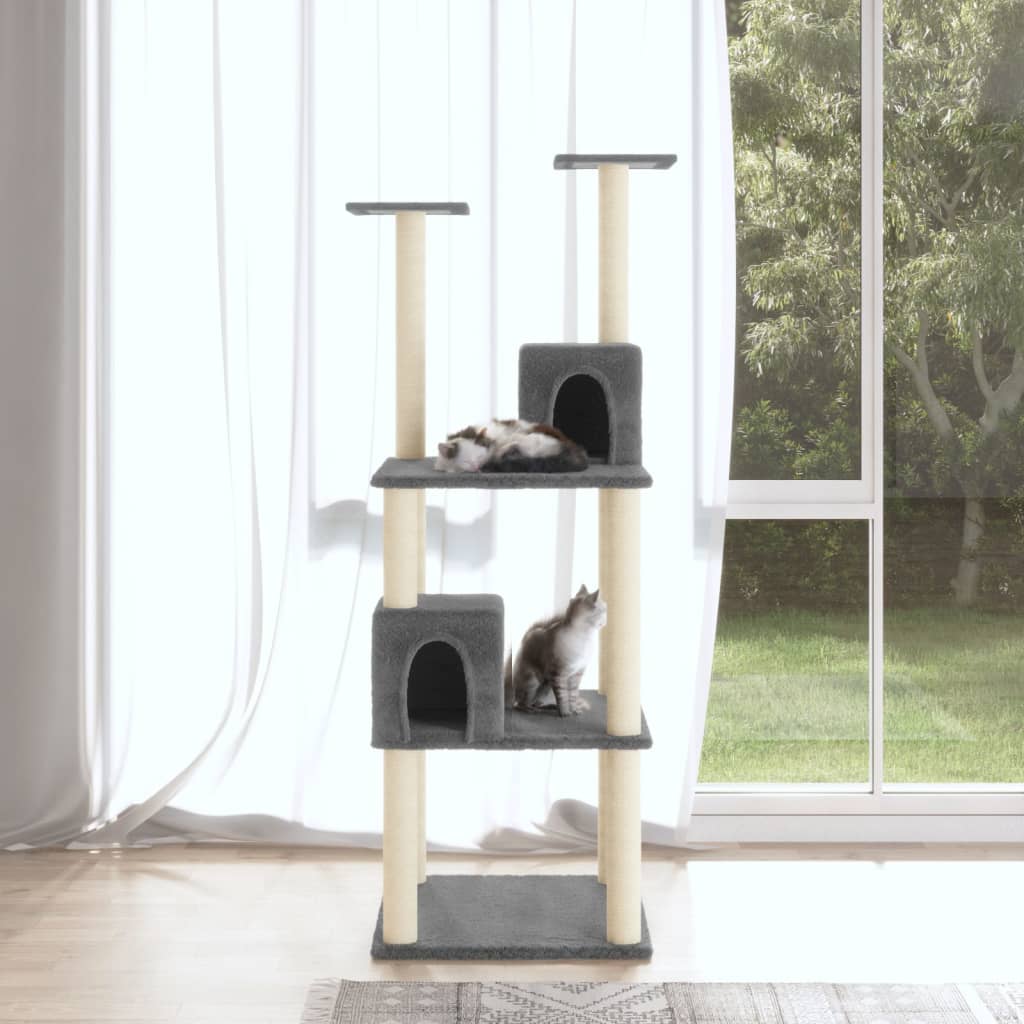vidaXL Ansamblu pisici cu stâlpi din funie de sisal, gri închis 141 cm vidaXL Ansamblu pisici cu stâlpi din funie de sisal, gri închis 141 cm