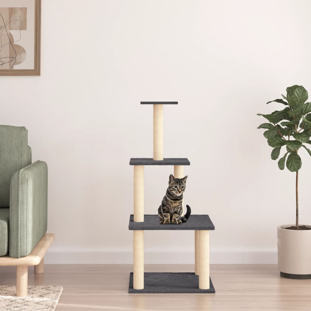 vidaXL Ansamblu pisici, stâlpi din funie sisal, gri închis, 111 cm vidaXL Ansamblu pisici, stâlpi din funie sisal, gri închis, 111 cm