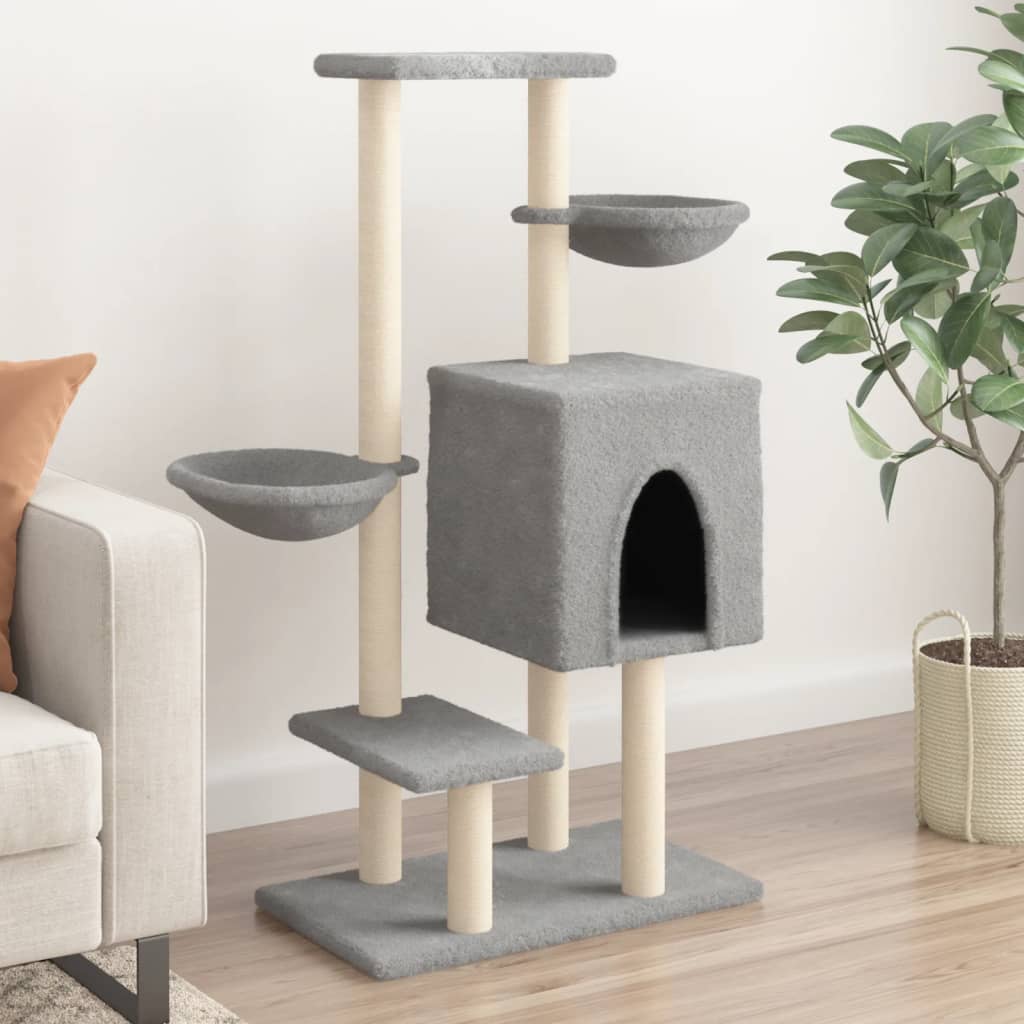 vidaXL Ansamblu pisici cu stâlpi de zgâriat, gri deschis, 117cm, sisal vidaXL Ansamblu pisici cu stâlpi de zgâriat, gri deschis, 117cm, sisal
