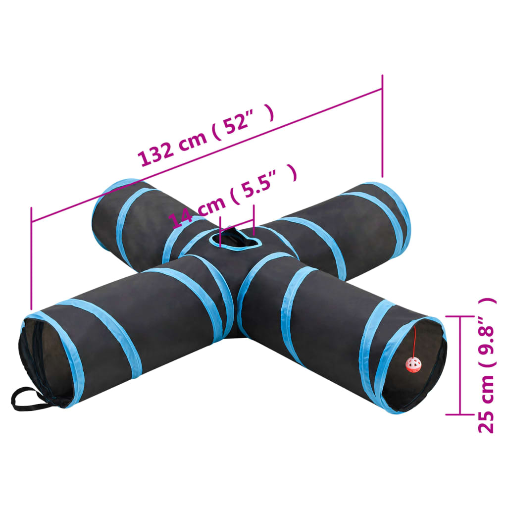 vidaXL Tunel pentru pisici 4 căi, negru și albastru, 132 cm, poliester