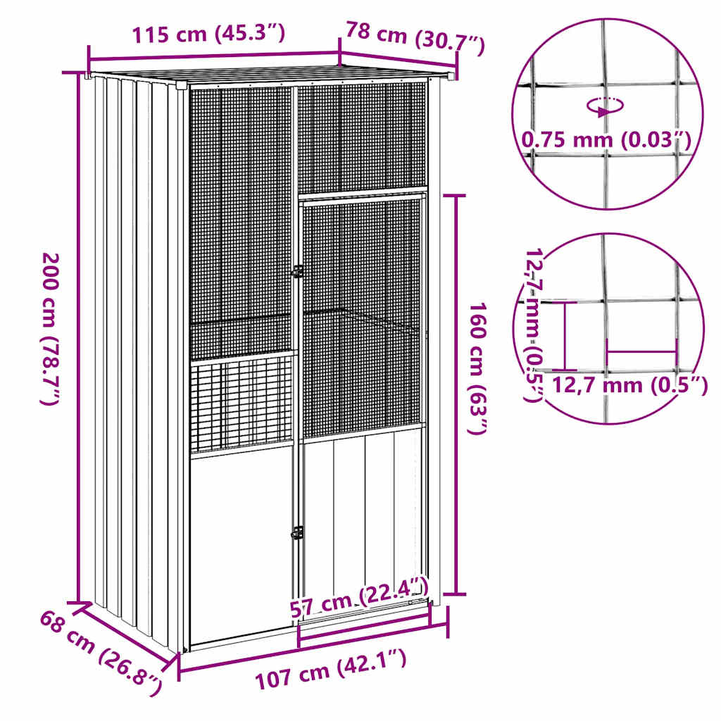 vidaXL Colivie pentru păsări antracit 115x78x200 cm oțel galvanizat vidaXL Colivie pentru păsări antracit 115x78x200 cm oțel galvanizat