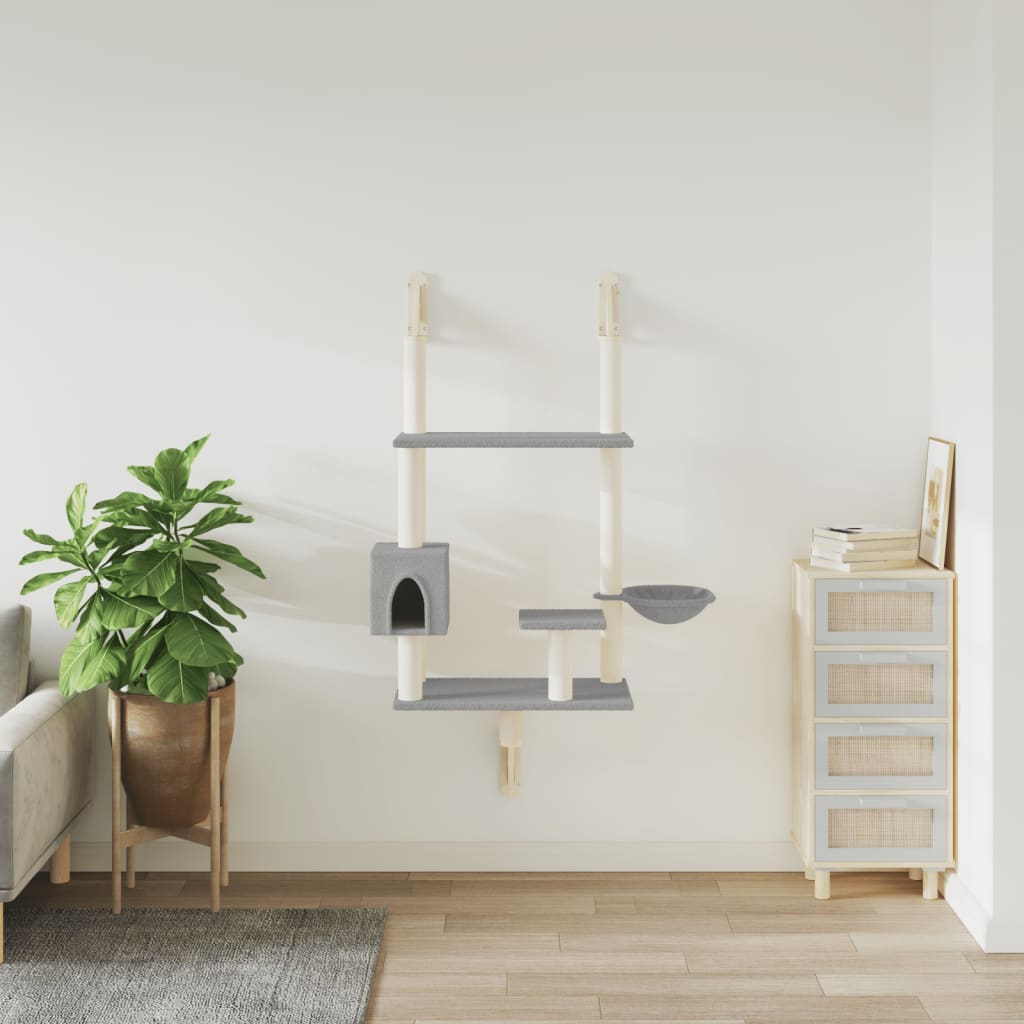 vidaXL Ansamblu pisici perete cu stâlp zgâriere, gri deschis, 153 cm vidaXL Ansamblu pisici perete cu stâlp zgâriere, gri deschis, 153 cm