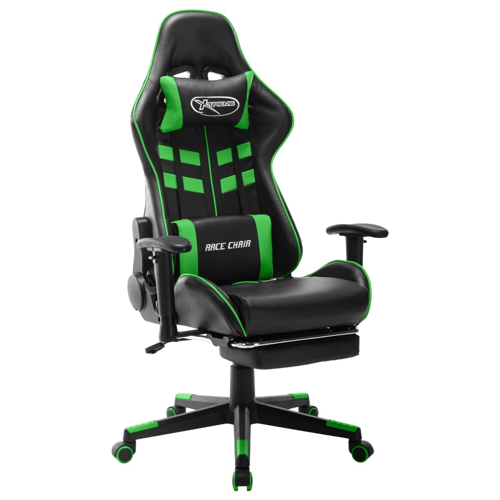 vidaXL Scaun jocuri cu suport picioare, negru/verde, piele artificială vidaXL Scaun jocuri cu suport picioare, negru/verde, piele artificială
