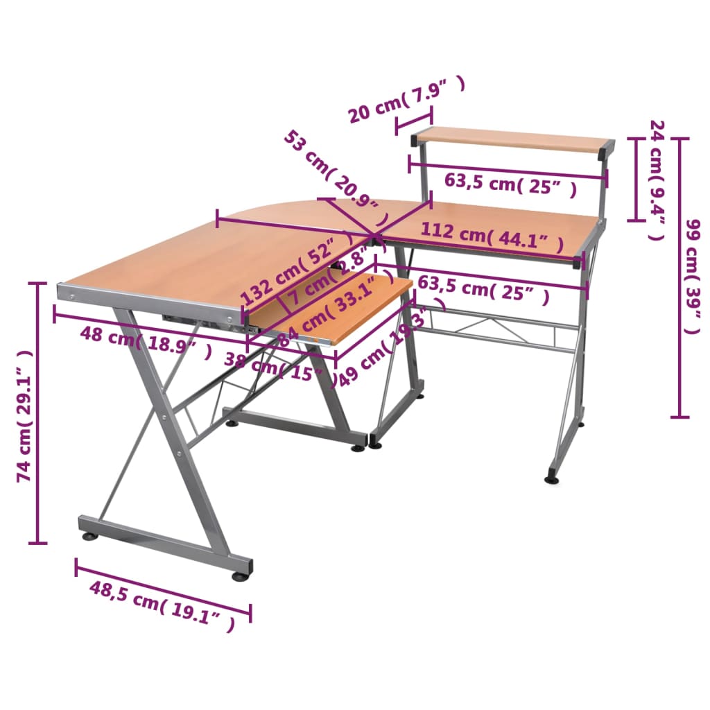 vidaXL Birou de computer colțar, maro, 132x112x99 cm, lemn prelucrat