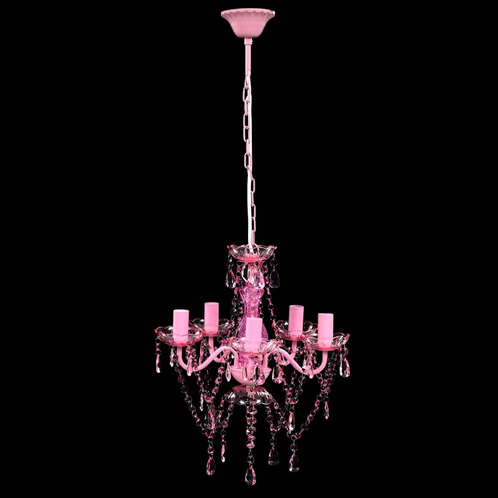 Lustră roz de cristal artificial cu 5 becuri Lustră roz de cristal artificial cu 5 becuri
