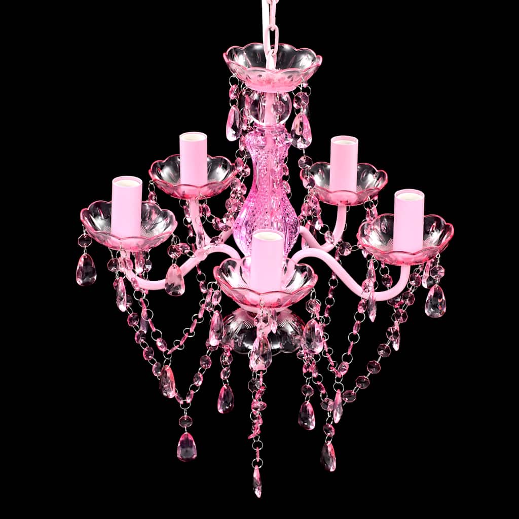 Lustră roz de cristal artificial cu 5 becuri Lustră roz de cristal artificial cu 5 becuri