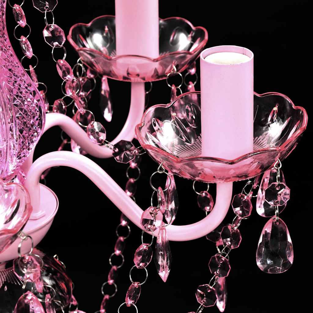 Lustră roz de cristal artificial cu 5 becuri Lustră roz de cristal artificial cu 5 becuri