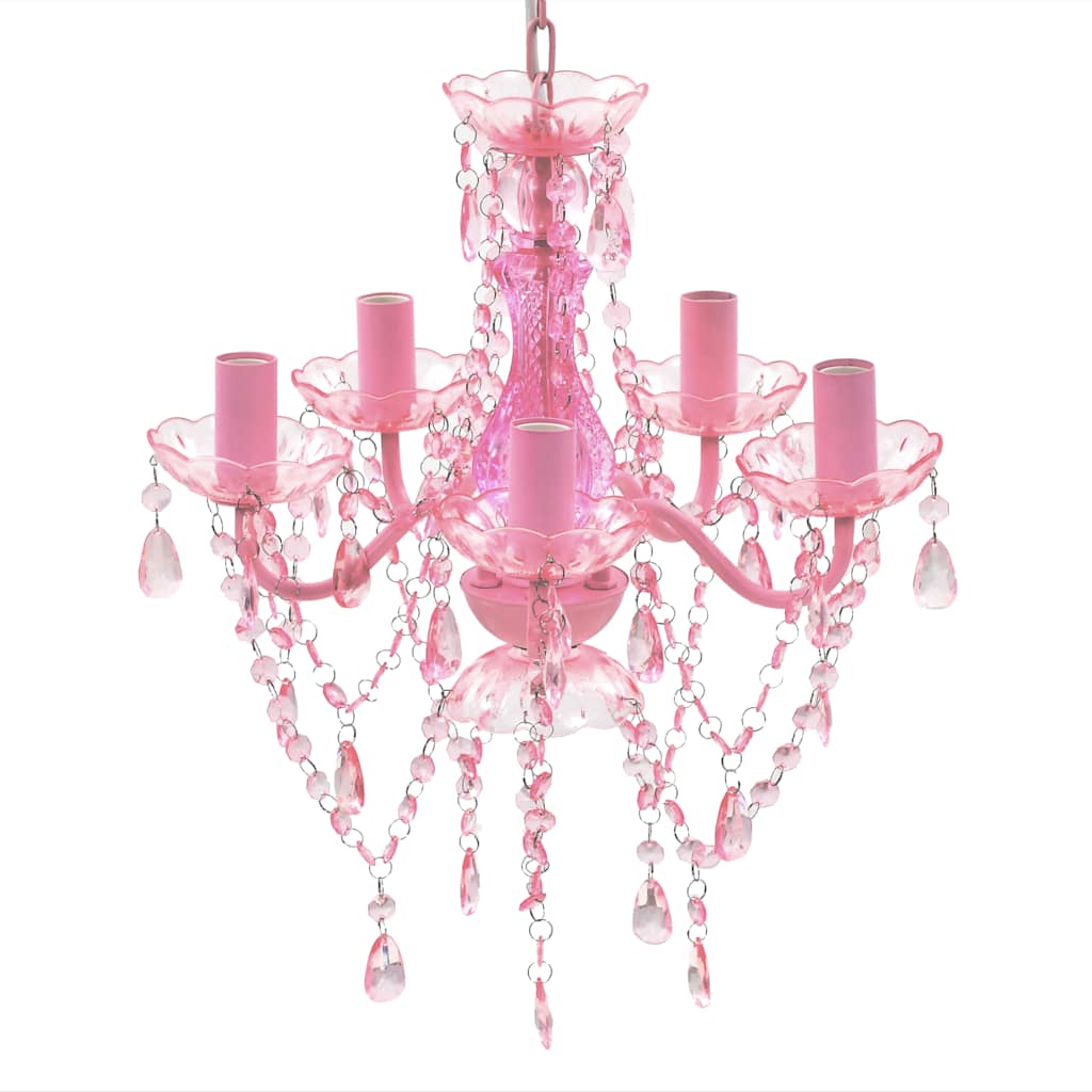 Lustră roz de cristal artificial cu 5 becuri Lustră roz de cristal artificial cu 5 becuri