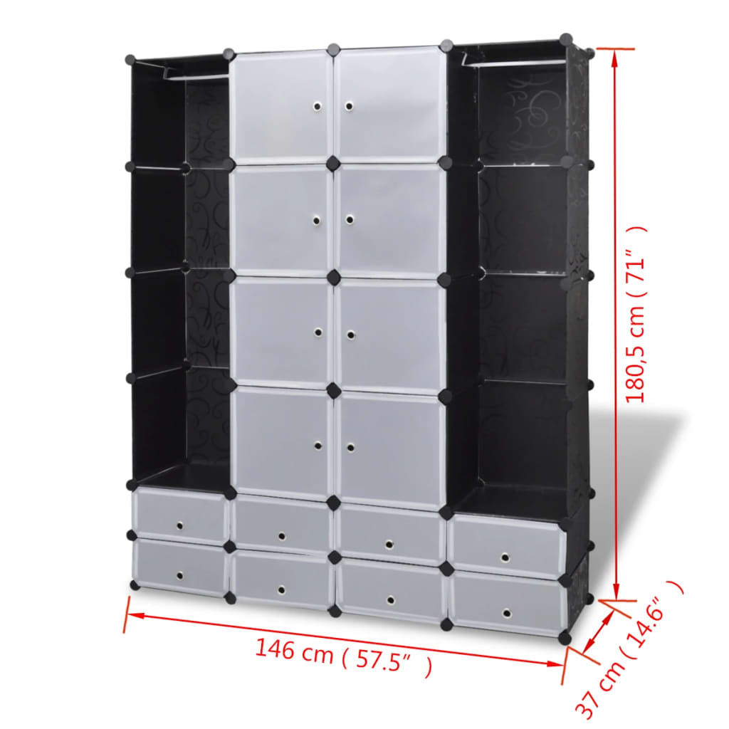 vidaXL Dulap modular cu 18 compartimente alb și negru 37x146x180,5 cm vidaXL Dulap modular cu 18 compartimente alb și negru 37x146x180,5 cm