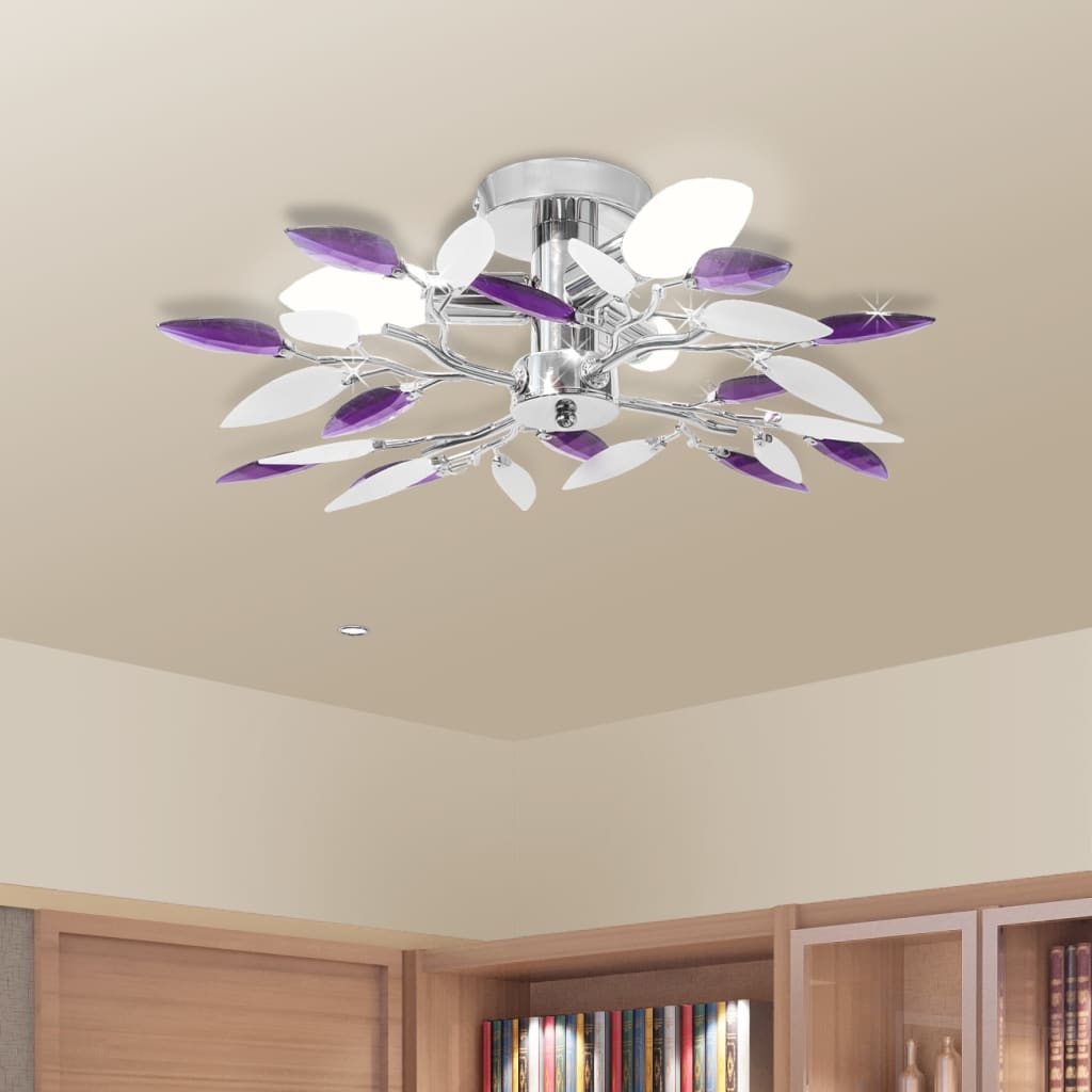Lustră cu frunze cristal acrilic, alb/violet, pentru 3 becuri E14 Lustră cu frunze cristal acrilic, alb/violet, pentru 3 becuri E14
