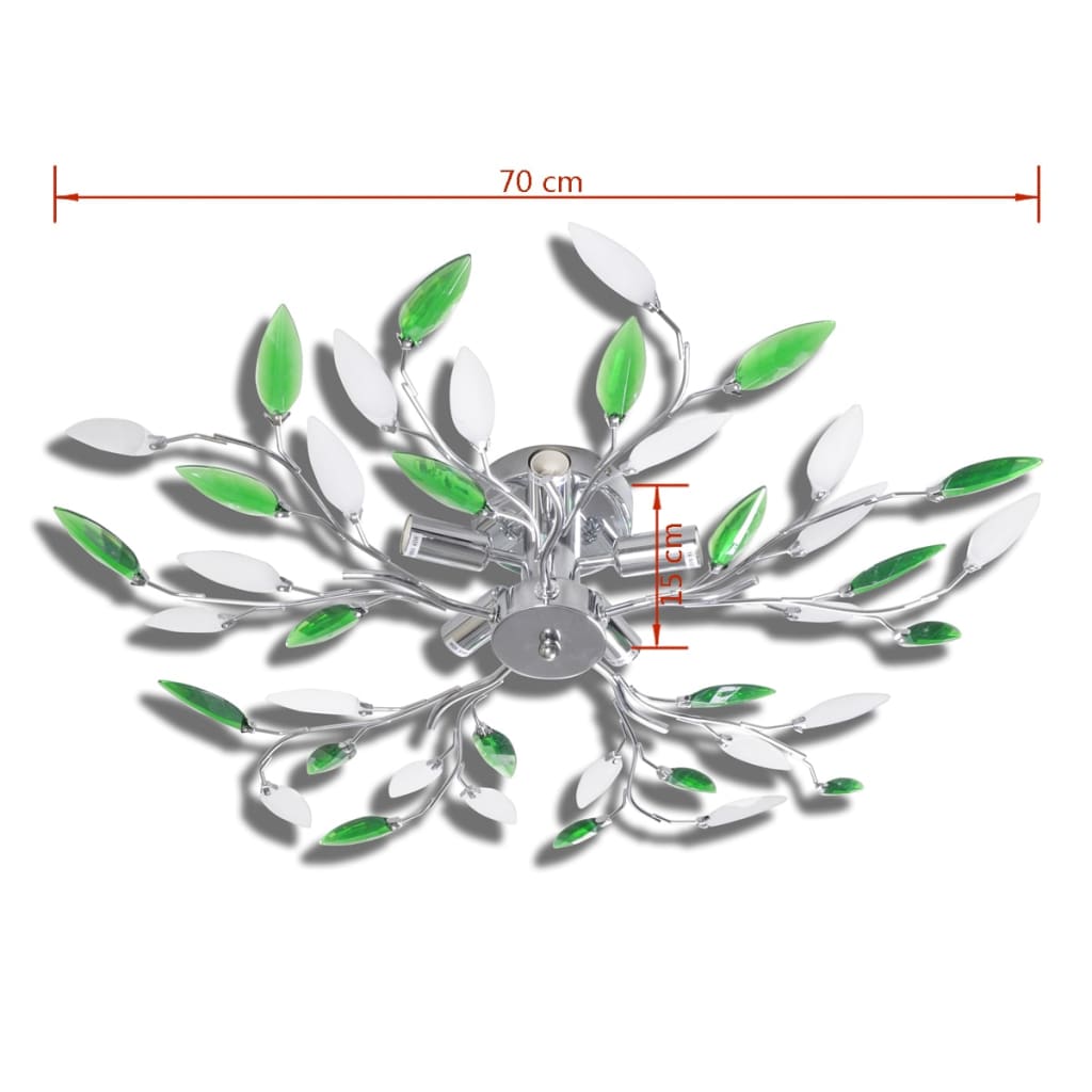 Plafoniera verde/albă, cu brațe frunze cristal acrilic, 5 becuri E14 Plafoniera verde/albă, cu brațe frunze cristal acrilic, 5 becuri E14