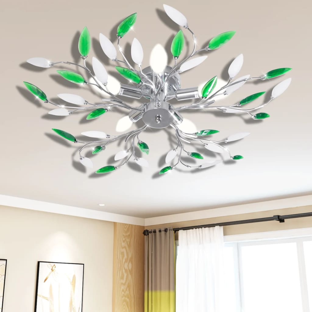 Plafoniera verde/albă, cu brațe frunze cristal acrilic, 5 becuri E14 Plafoniera verde/albă, cu brațe frunze cristal acrilic, 5 becuri E14