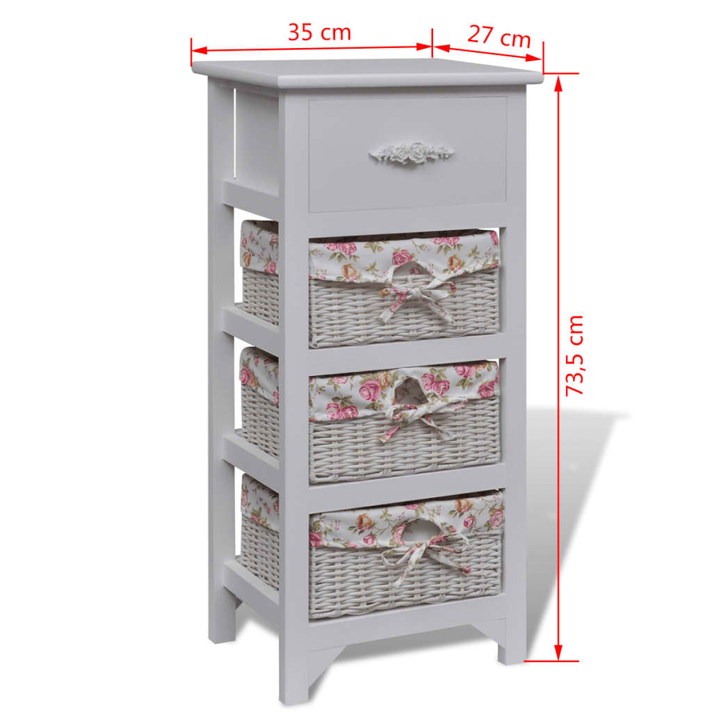 vidaXL Dulap cu 1 sertar și 3 coșuri, alb, lemn de paulownia