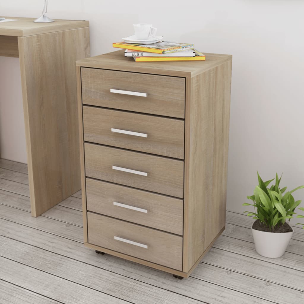 vidaXL Unitate sertare de birou cu rotile, 5 sertare, stejar vidaXL Unitate sertare de birou cu rotile, 5 sertare, stejar