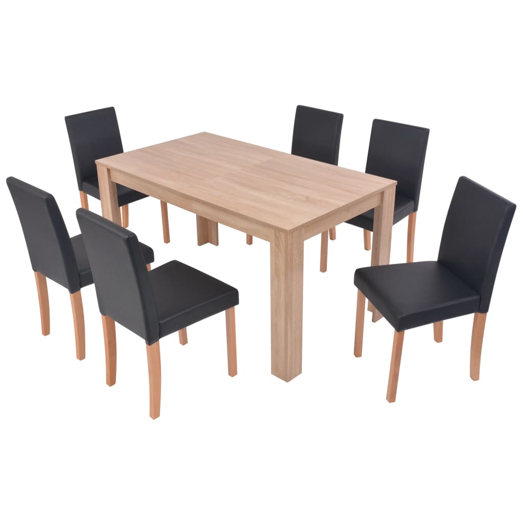 vidaXL Masă și scaune 7 piese, piele artificială, stejar, negru vidaXL Masă și scaune 7 piese, piele artificială, stejar, negru