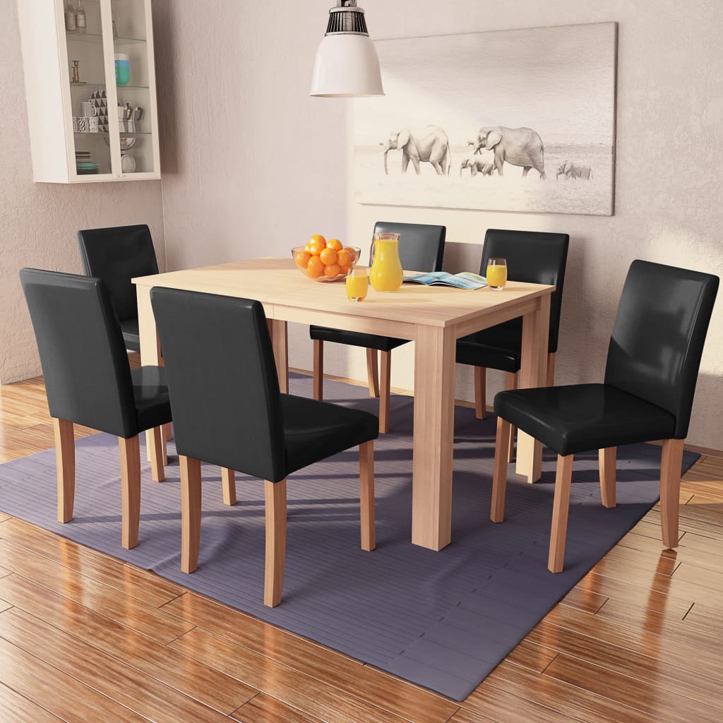 vidaXL Masă și scaune 7 piese, piele artificială, stejar, negru vidaXL Masă și scaune 7 piese, piele artificială, stejar, negru