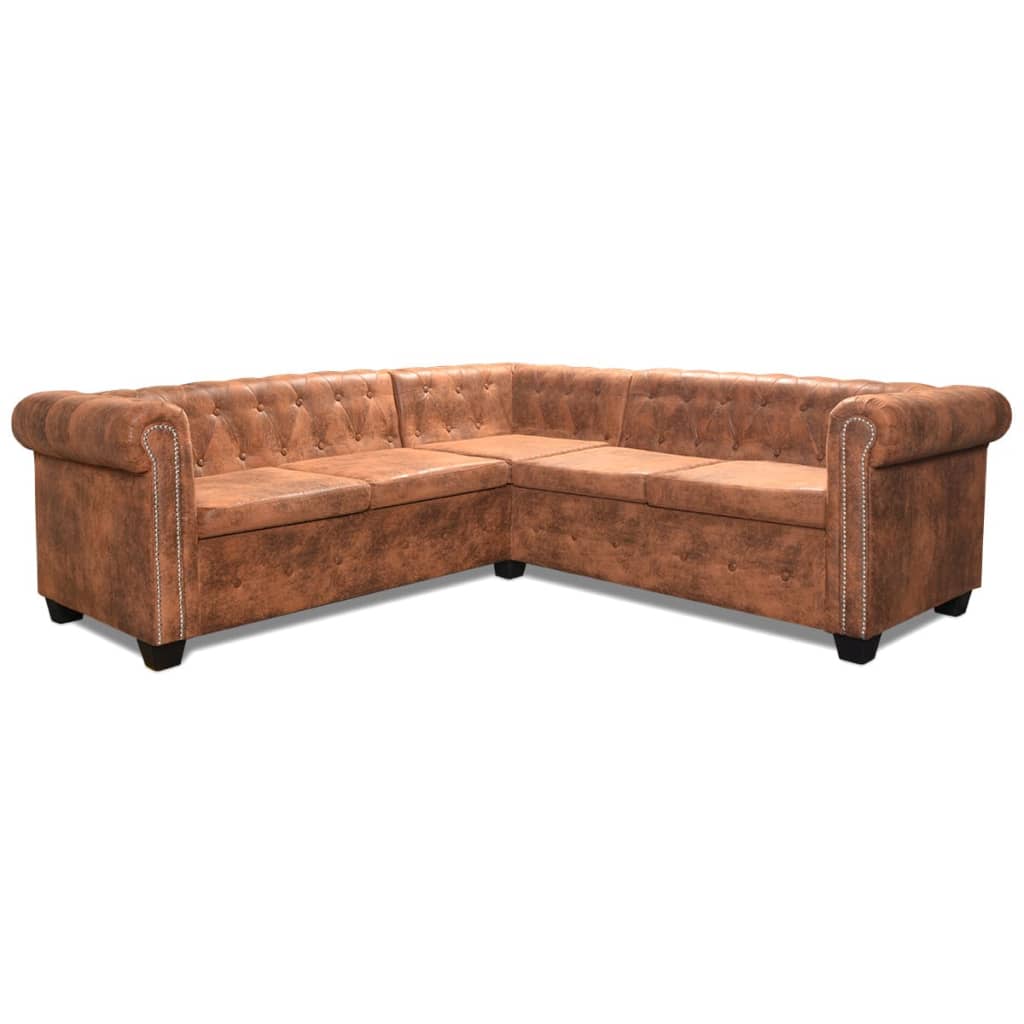 vidaXL Canapea colțar Chesterfield, 5 locuri, maro, piele ecologică