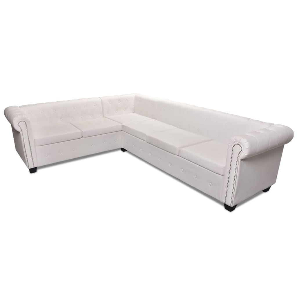 vidaXL Canapea colțar Chesterfield, piele artificială, 6 locuri, alb vidaXL Canapea colțar Chesterfield, piele artificială, 6 locuri, alb