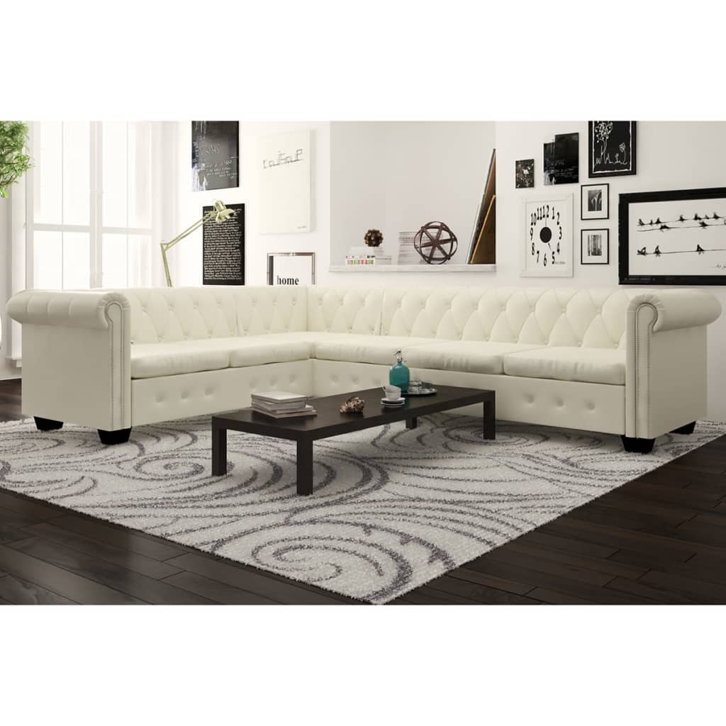 vidaXL Canapea colțar Chesterfield, piele artificială, 6 locuri, alb vidaXL Canapea colțar Chesterfield, piele artificială, 6 locuri, alb