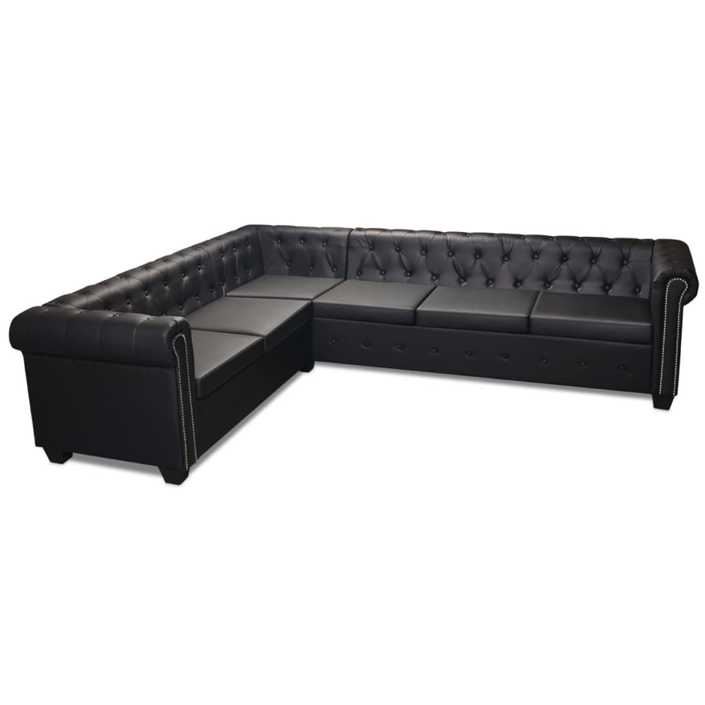 vidaXL Canapea colțar Chesterfield 6 locuri, piele artificială, neagră vidaXL Canapea colțar Chesterfield 6 locuri, piele artificială, neagră