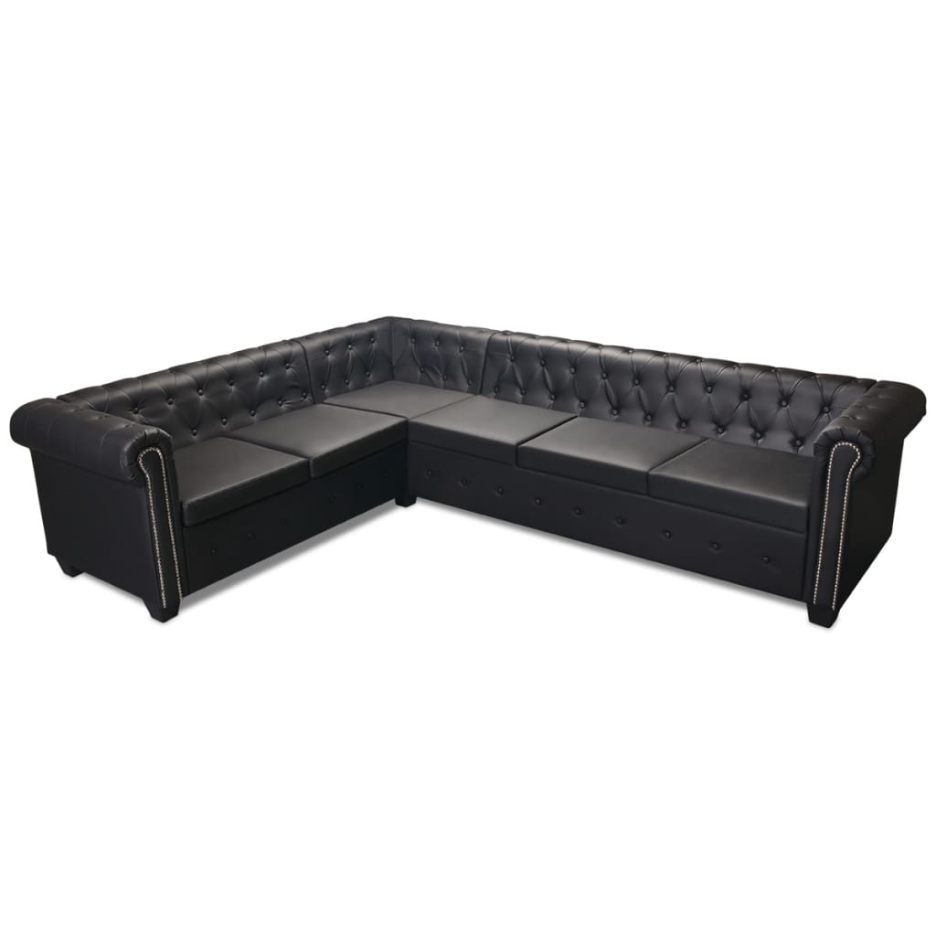 vidaXL Canapea colțar Chesterfield 6 locuri, piele artificială, neagră vidaXL Canapea colțar Chesterfield 6 locuri, piele artificială, neagră