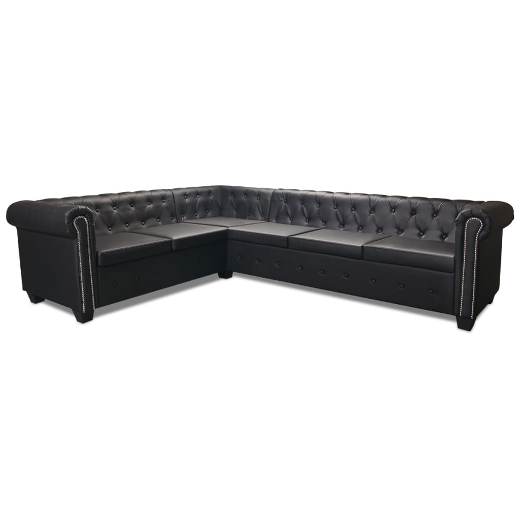vidaXL Canapea colțar Chesterfield 6 locuri, piele artificială, neagră vidaXL Canapea colțar Chesterfield 6 locuri, piele artificială, neagră