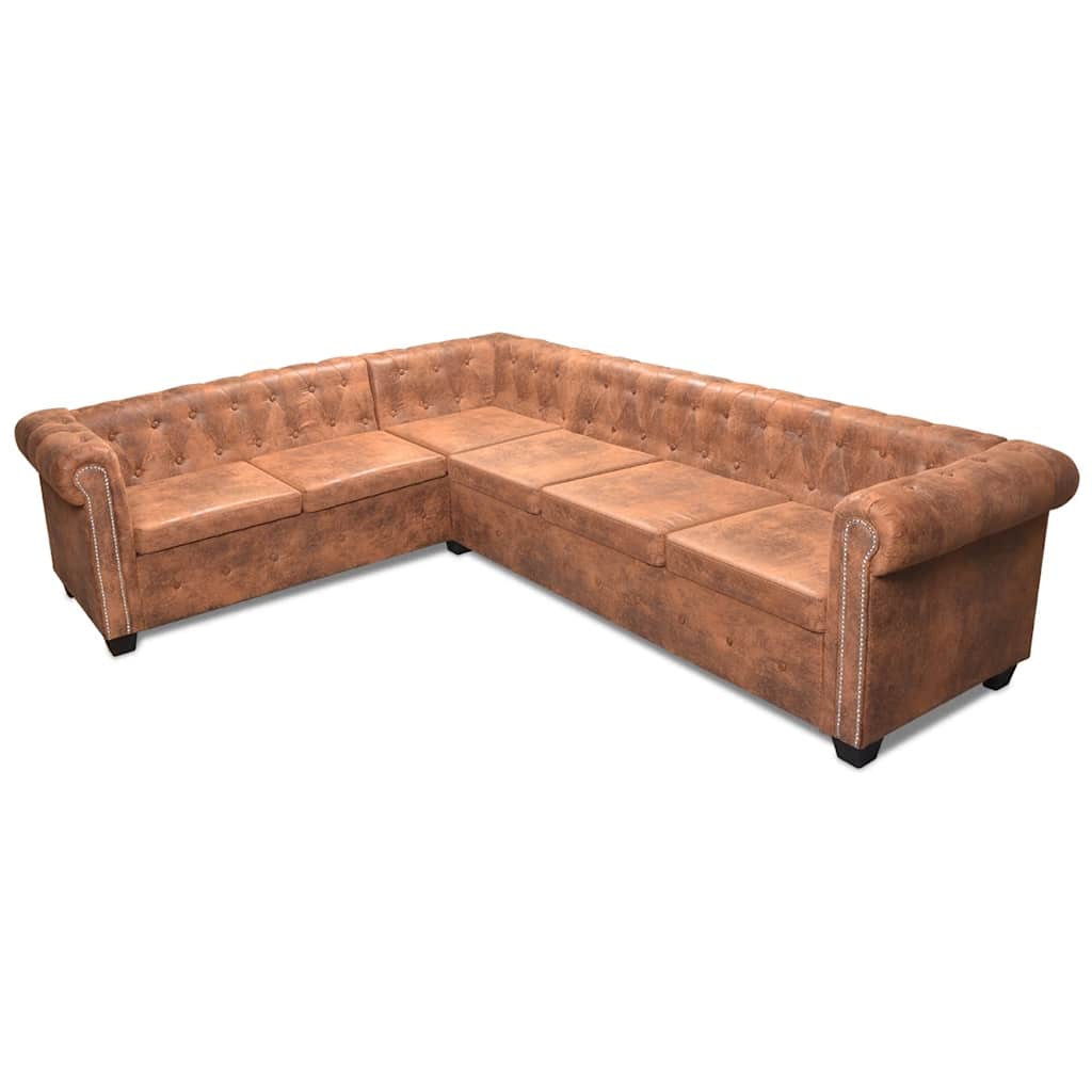 vidaXL Canapea colțar Chesterfield, 6 locuri, piele artificială, maro