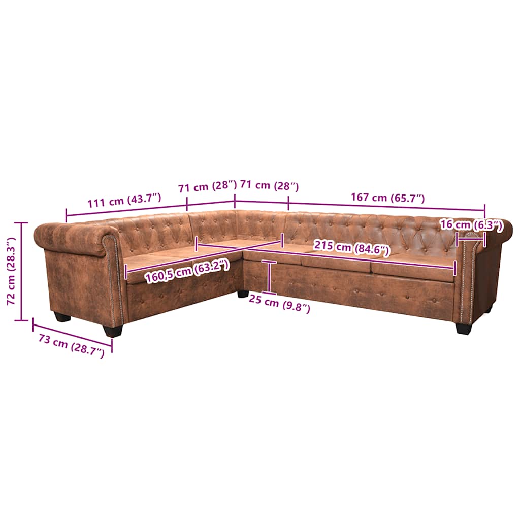 vidaXL Canapea colțar Chesterfield, 6 locuri, piele artificială, maro