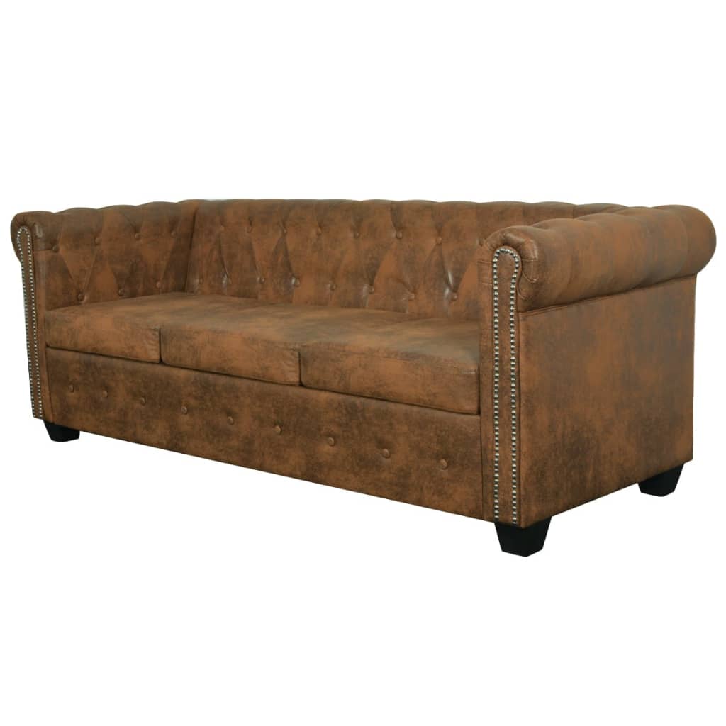 vidaXL Canapea Chesterfield, 3 locuri, maro, piele ecologică vidaXL Canapea Chesterfield, 3 locuri, maro, piele ecologică