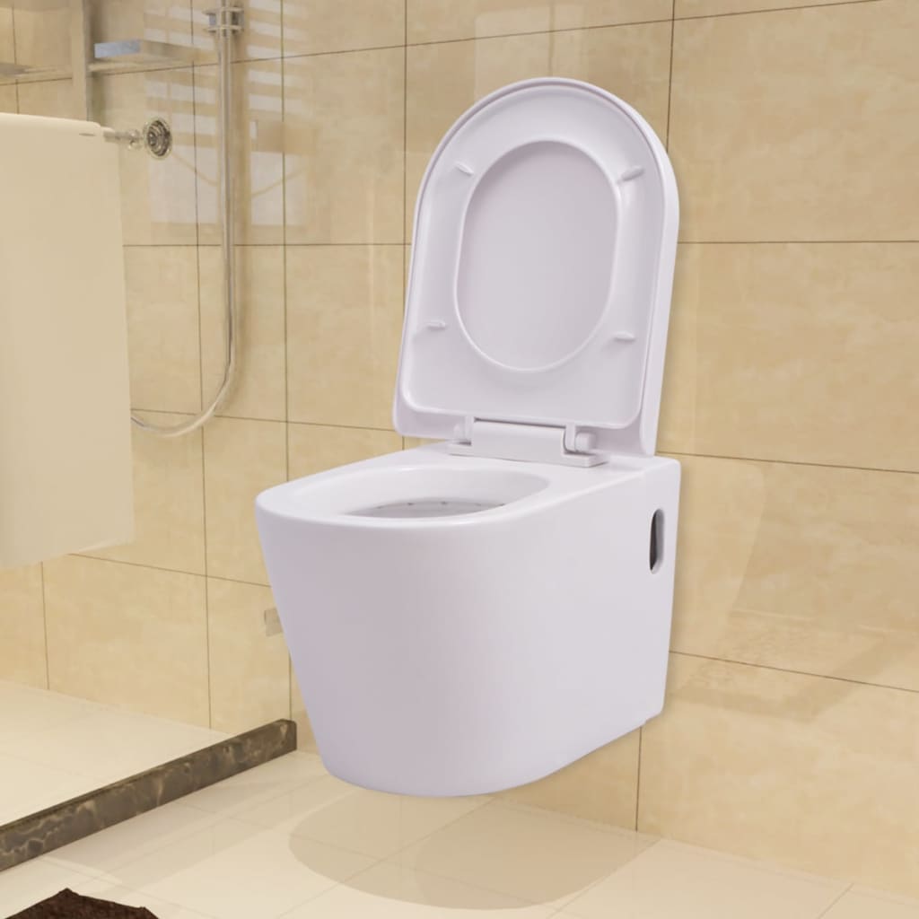 vidaXL Vas toaletă cu montare pe perete, ceramică, alb vidaXL Vas toaletă cu montare pe perete, ceramică, alb