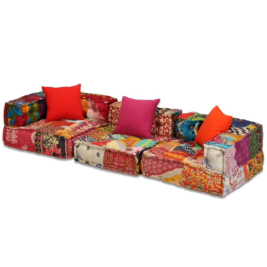 vidaXL Canapea puf modulară cu 3 locuri, petice, material textil vidaXL Canapea puf modulară cu 3 locuri, petice, material textil