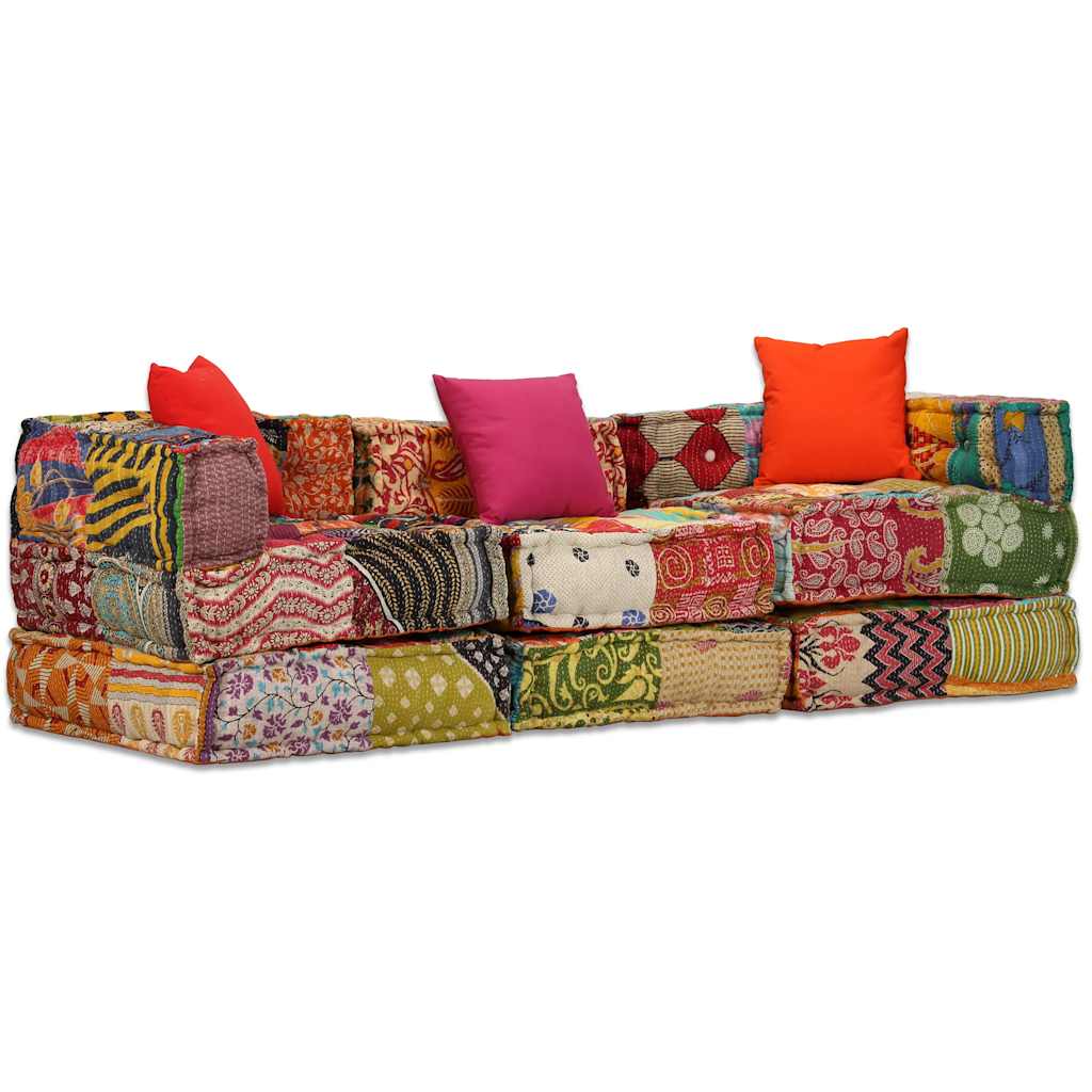 vidaXL Canapea puf modulară cu 3 locuri, petice, material textil vidaXL Canapea puf modulară cu 3 locuri, petice, material textil