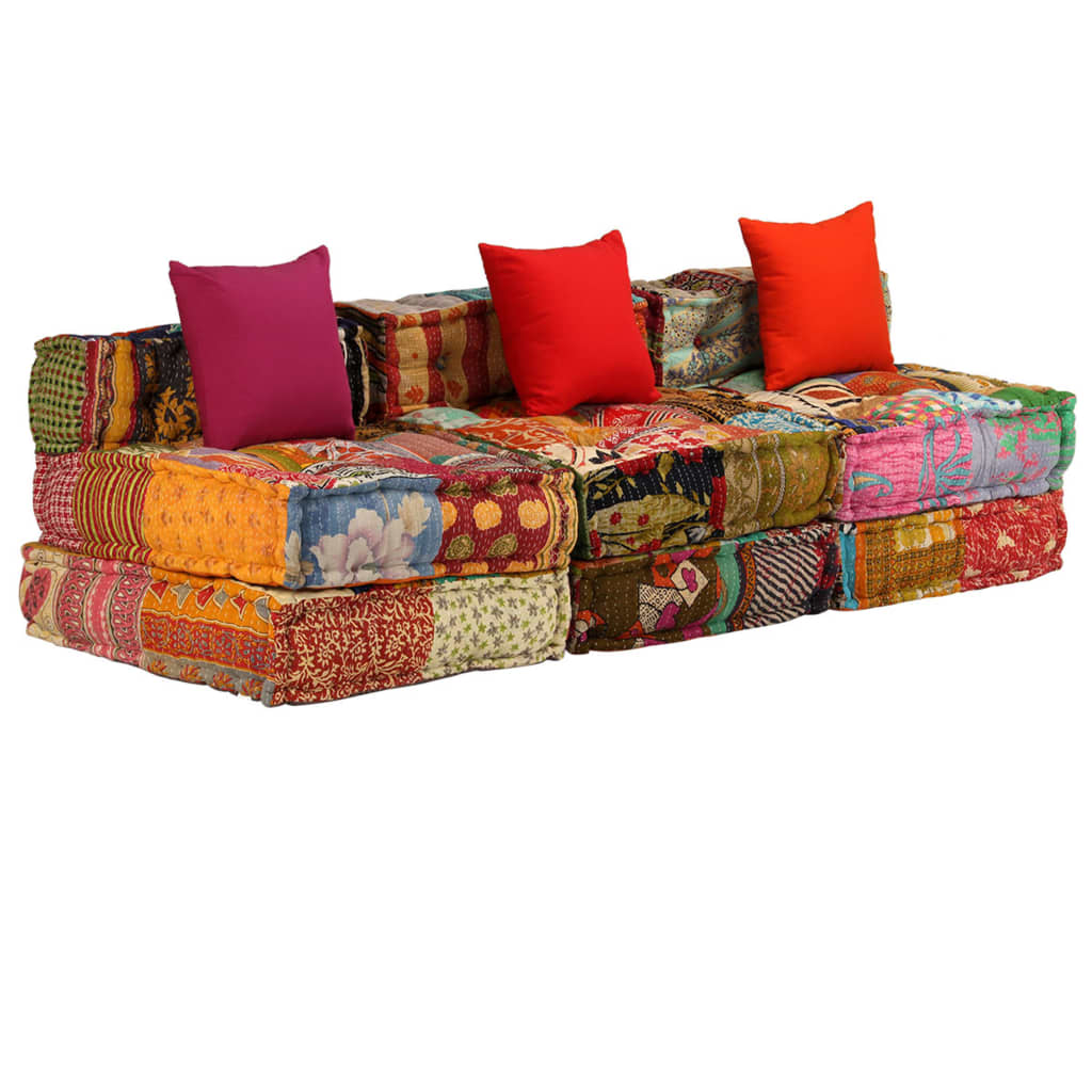 vidaXL Canapea puf modulară cu 3 locuri, petice, material textil vidaXL Canapea puf modulară cu 3 locuri, petice, material textil