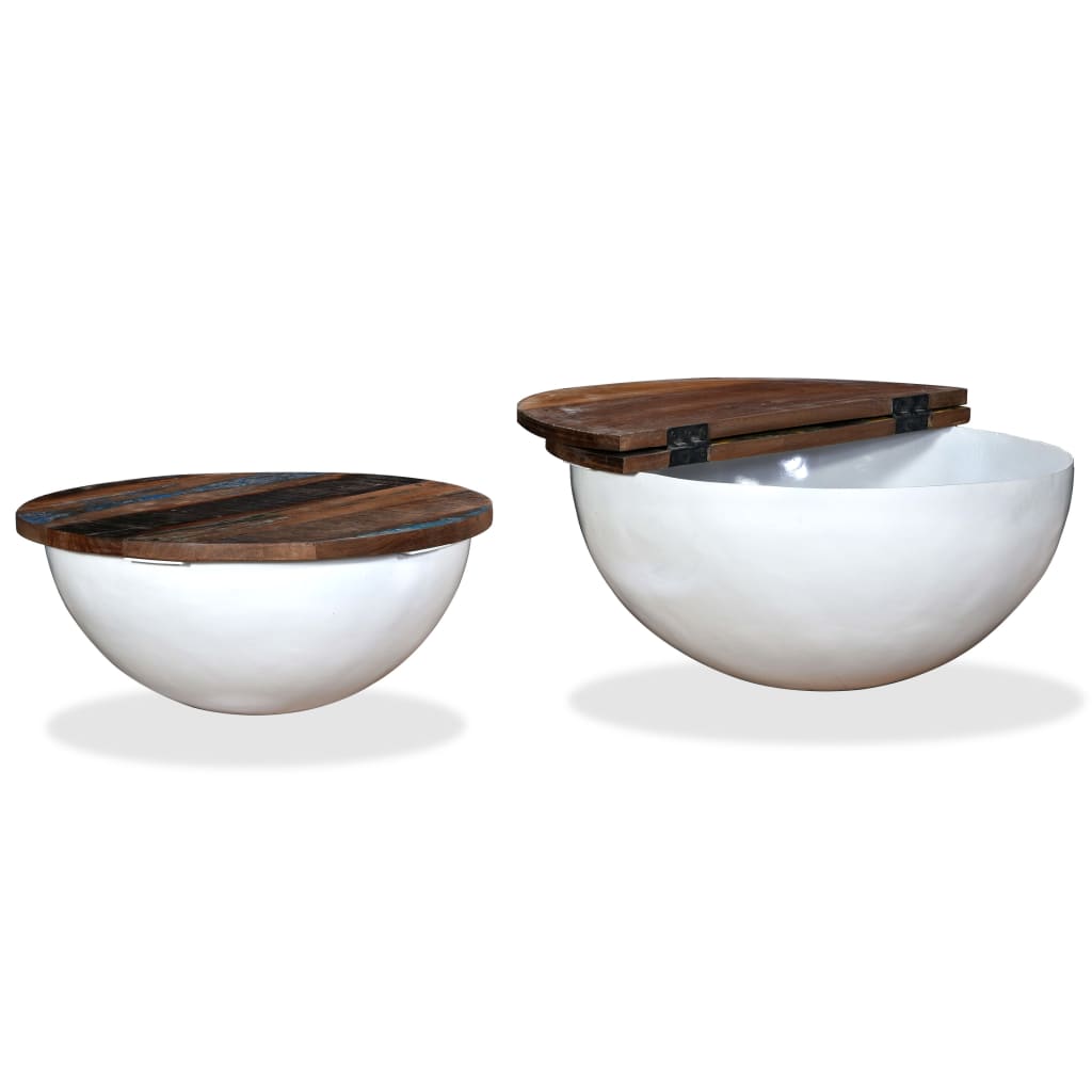vidaXL Set măsuțe cafea, 2 piese, alb, lemn masiv reciclat, formă bol