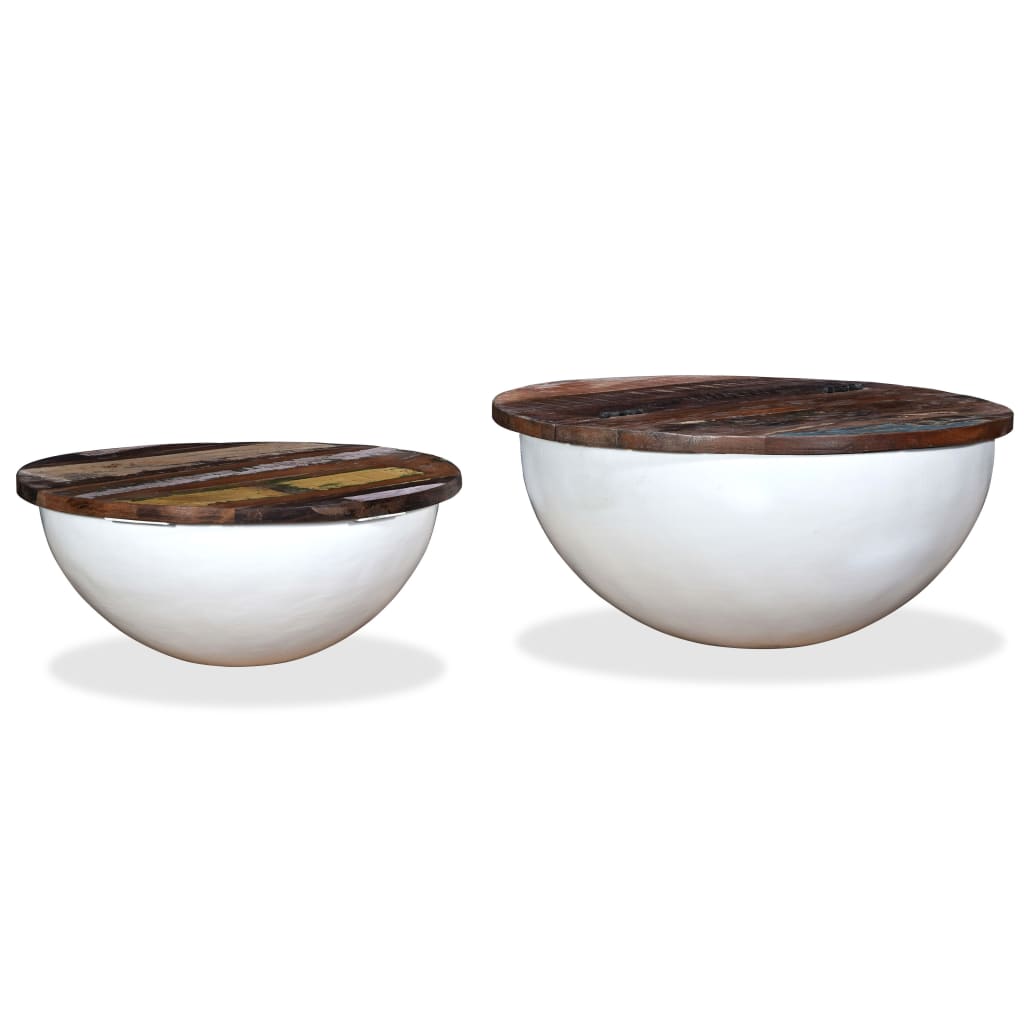 vidaXL Set măsuțe cafea, 2 piese, alb, lemn masiv reciclat, formă bol