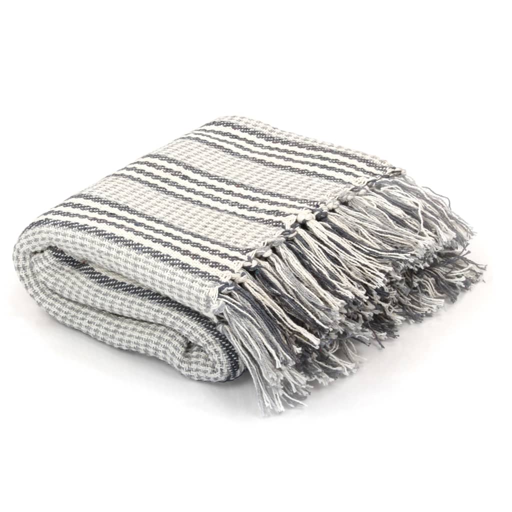vidaXL Pătură decorativă cu dungi, bumbac, 220 x 250 cm, gri și alb vidaXL Pătură decorativă cu dungi, bumbac, 220 x 250 cm, gri și alb