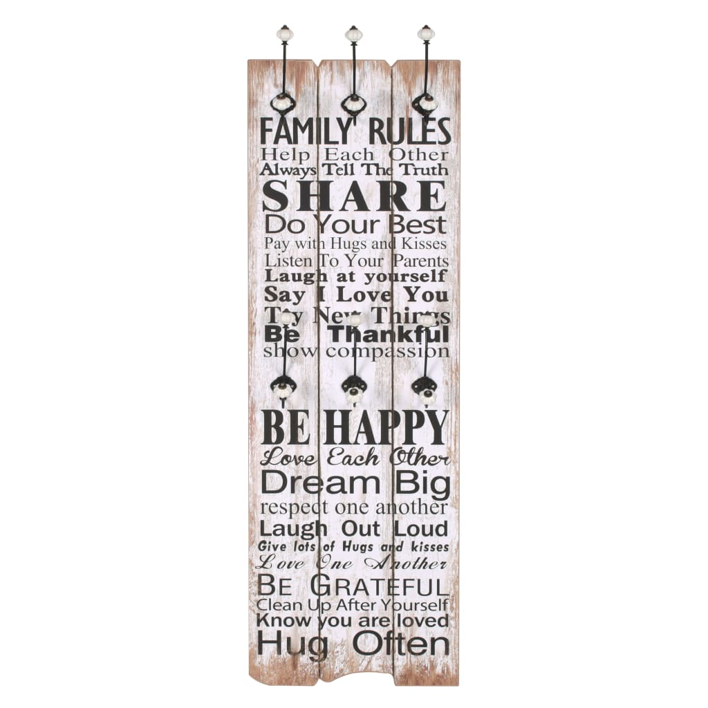 vidaXL Cuier de perete cu 6 cârlige, 120 x 40 cm, FAMILY RULES vidaXL Cuier de perete cu 6 cârlige, 120 x 40 cm, FAMILY RULES
