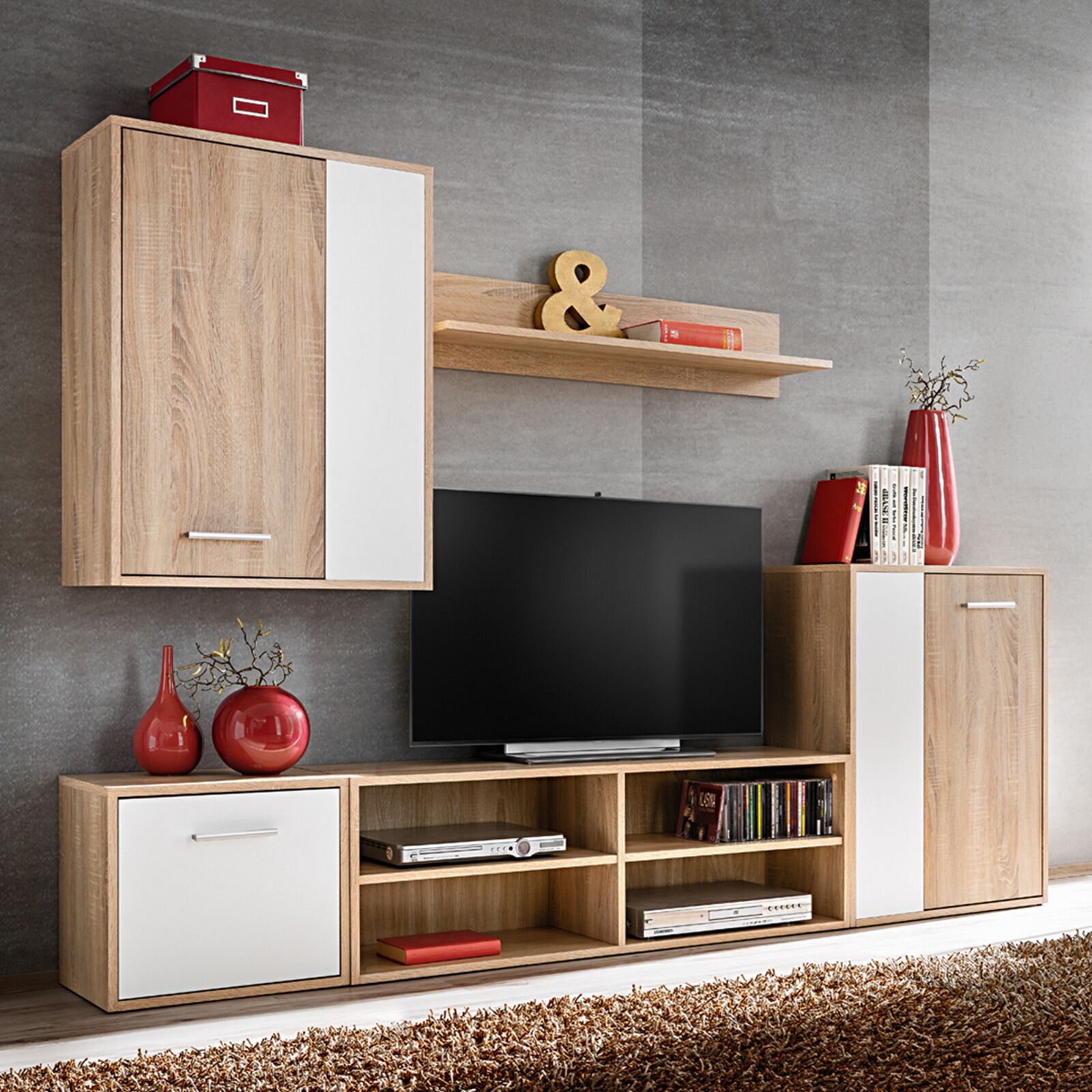vidaXL Set mobilier TV, 5 piese, alb/stejar sonoma, lemn prelucrat