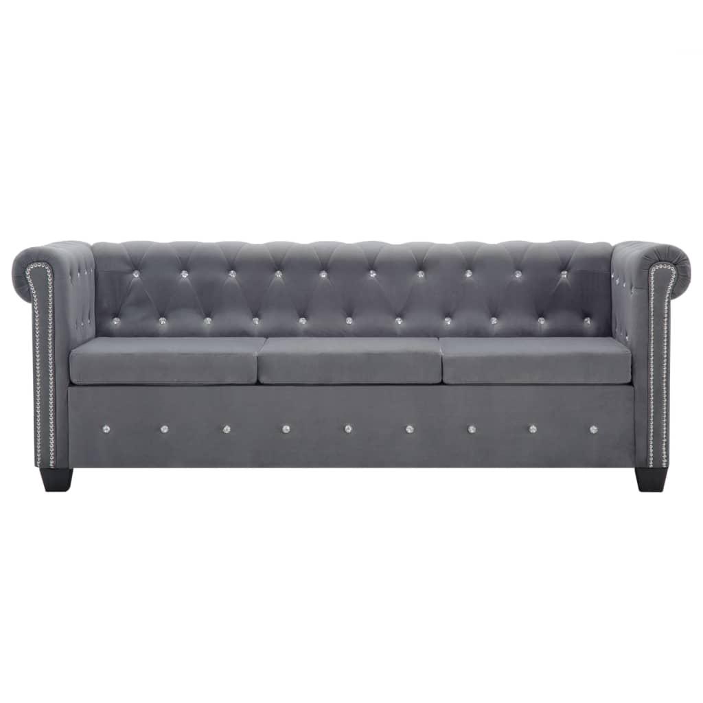 vidaXL Canapea Chesterfield cu 3 locuri, catifea, 199x75x72 cm, gri vidaXL Canapea Chesterfield cu 3 locuri, catifea, 199x75x72 cm, gri