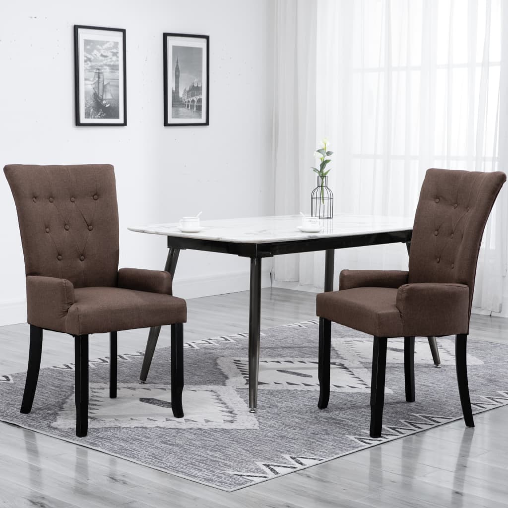 vidaXL Scaun de bucătărie cu brațe, maro, material textil vidaXL Scaun de bucătărie cu brațe, maro, material textil